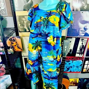 🌈 VINTAGE 1970’s HAWAIIAN TROPICAL POCKETED COTTON MIU MIU! BLUE YELLOW DRESS